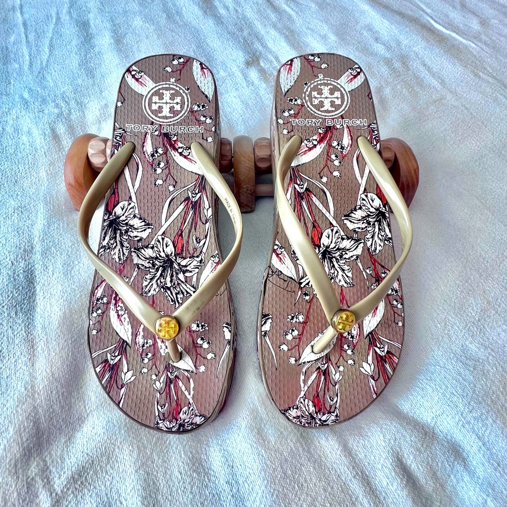 Tory Burch Gold Strap Floral Print Brown Flip Flops